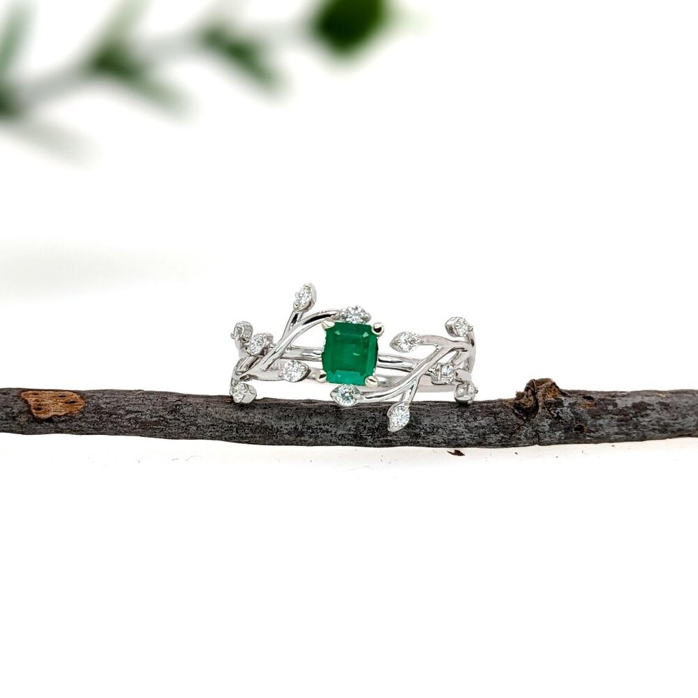 Asscher Cut Zambian Emerald & Natural Diamond Leafy Vine Ring in 14K White Gold